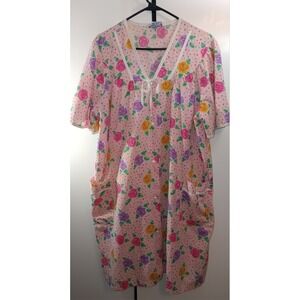 Vintage Pink floral Snap Housecoat Colorful nightgown cottagecore grannycore XL